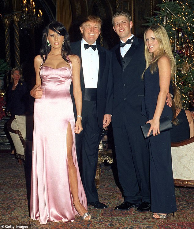 A photo of newly elected President Donald Trump (center left) and his then-girlfriend Melania Knauss at Mar-a-Lago's New Year's Eve in 2002, along with son Eric Trump (center right) and his then-girlfriend Cheryl Nieman