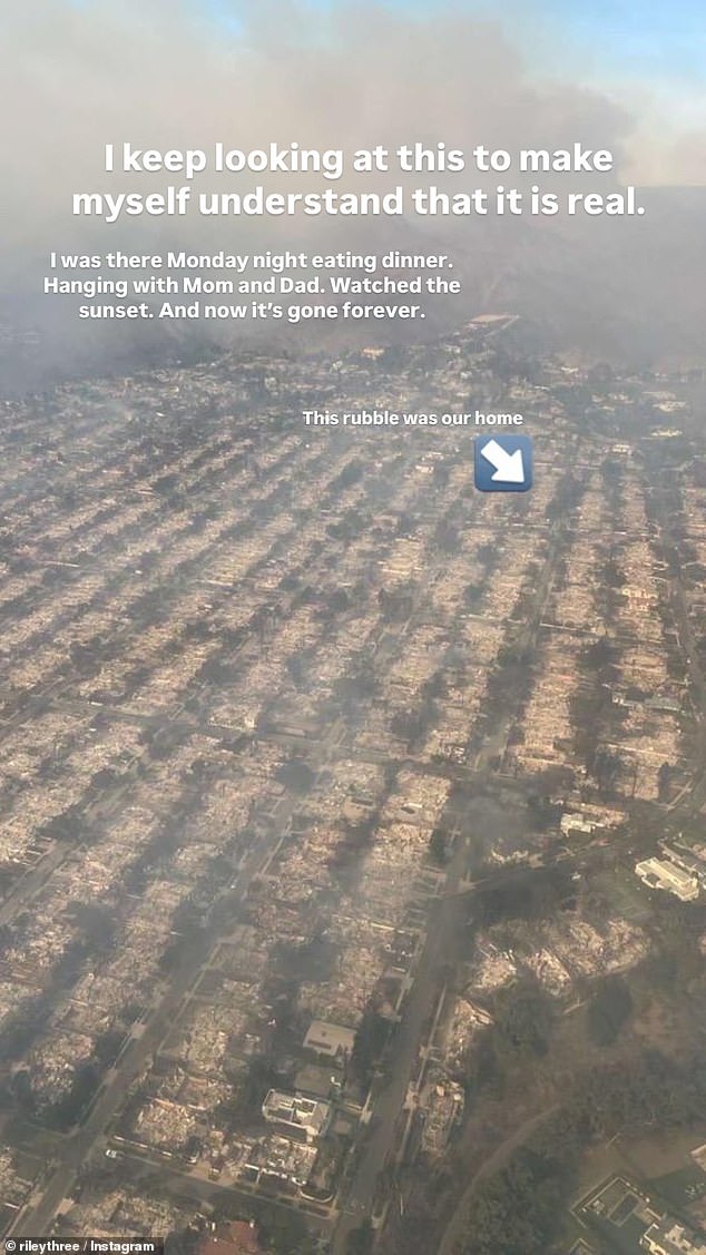 What used to be Riley's home is pictured in this shocking photo that shows the incredible extent of the damage the fires have caused to the City of Angels