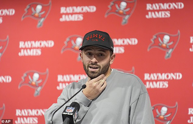 Buccaneers QB Baker Mayfield answers questions after Sunday's game vs. New Orleans