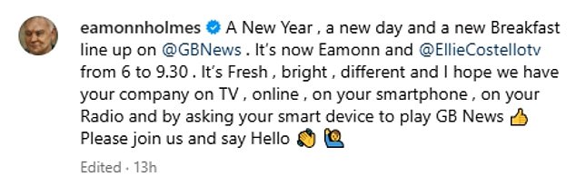 Eamonn returned to work on Monday after the Christmas and New Year holidays and posted a photo with new co-host Ellie. In his caption, he praised Ellie Costello, 31, for being 