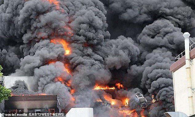 Pictured: A fire ignites at a factory in Berlin containing toxic sulfuric acid and copper cyanide, reportedly linked to missiles supplied to Ukraine