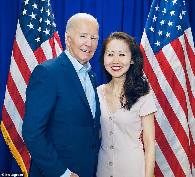 Political influencer and Democratic fundraiser Lindy Li takes a photo with President Joe Biden