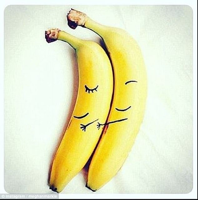 When Meghan was first rumored to be dating Prince Harry, the Suits actress posted an adorable photo of two bananas with animated faces. Underneath the photo of the anthropomorphic fruits hugging each other, Meghan wrote: 