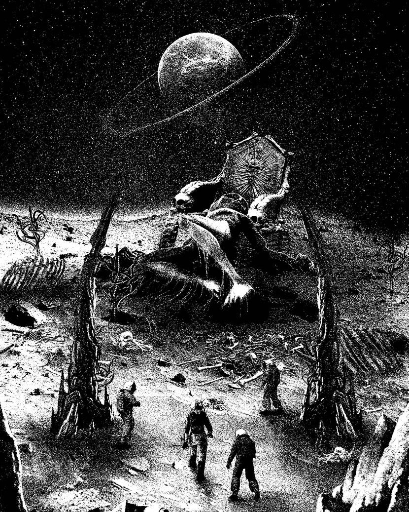 Astronauts walk along a deserted plantar surface toward a large alien corpse resting in a chair. A ringed planet hangs on the horizon.