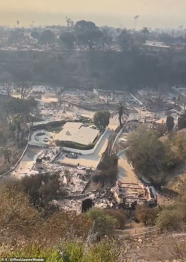 Standing on the deck, he turned the camera to the footage below, which showed that most of the buildings and adjacent homes had burned to the ground during the Palisades Fire.