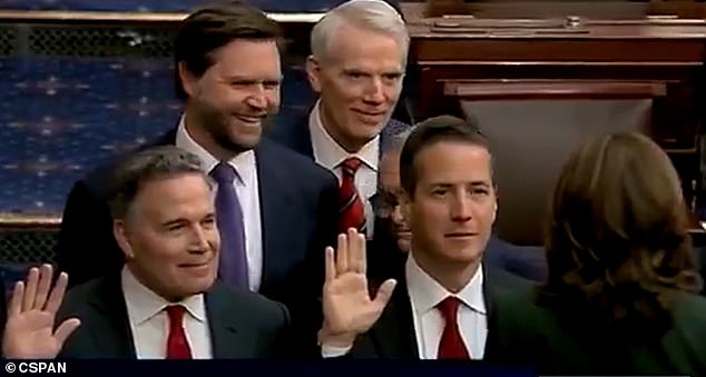 Vice President-elect JD Vance grins as Kamala Harris rejects the Pledge of Allegiance