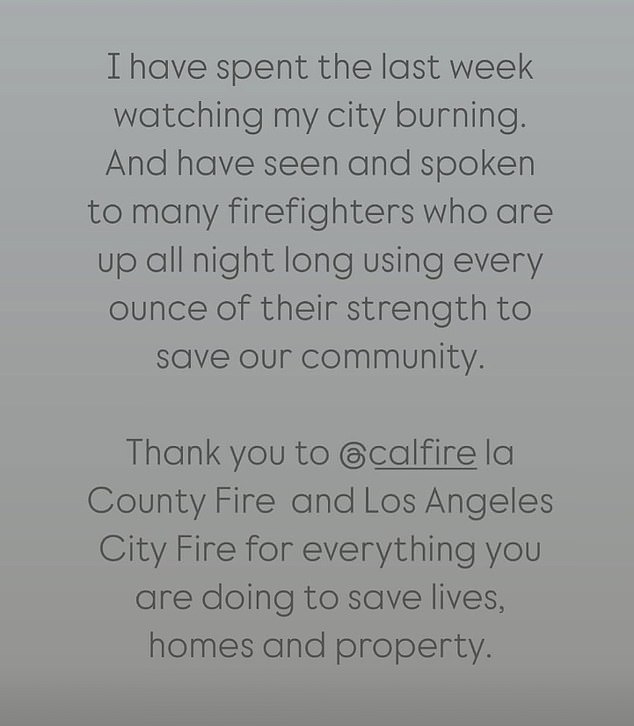 The TV personality shared the message on her Instagram stories on Saturday as the fires continue to rage