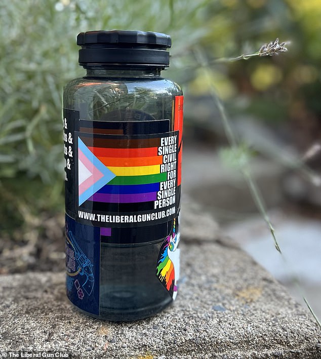 Rainbow unicorns and the LGBTQ flag adorned her water bottle from a member of The Liberal Gun Club