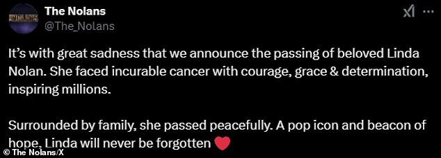 Taking to their official X account, shortly after her death was announced, the Nolan sisters wrote an emotional tribute