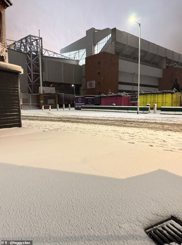 The streets around Anfield are covered with a layer of snow before the match