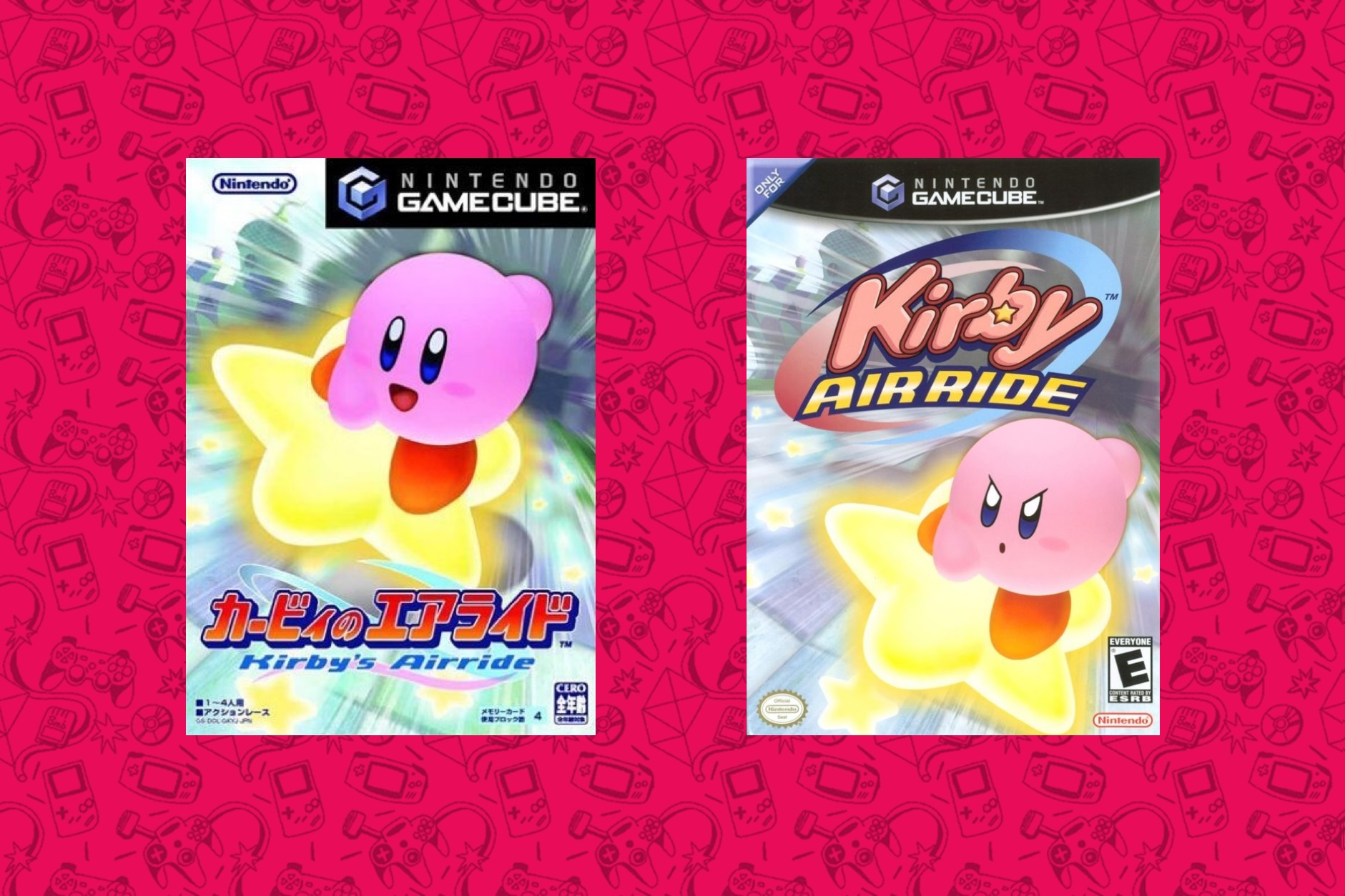 An image shows the Japanese and American versions of Kirby's Air Ride side by side, with Kirby looking happy on the left and angry on the right.