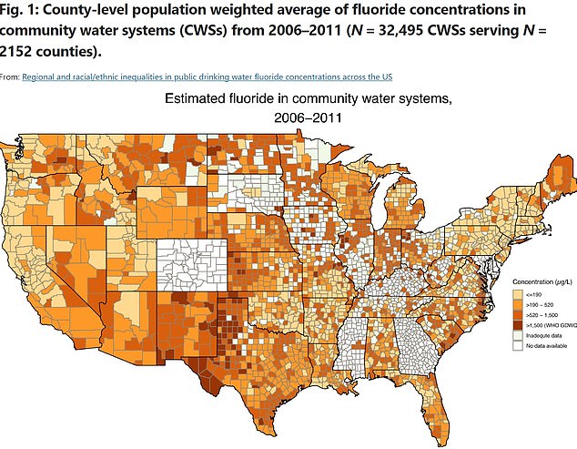 The above shows the most recent known levels of fluoride in U.S. county water systems