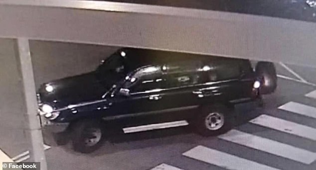 The 22-year-old was spotted by CCTV cameras as he got into a dark-coloured Toyota Landcruiser (pictured) at the shopping center