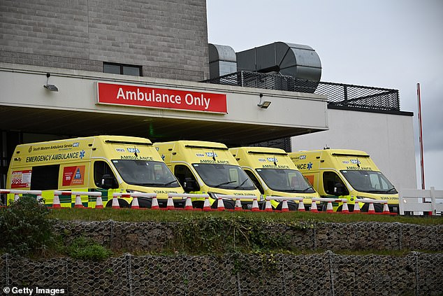 Ambulances wait outside the Royal Cornwall Hospital emergency department on January 4