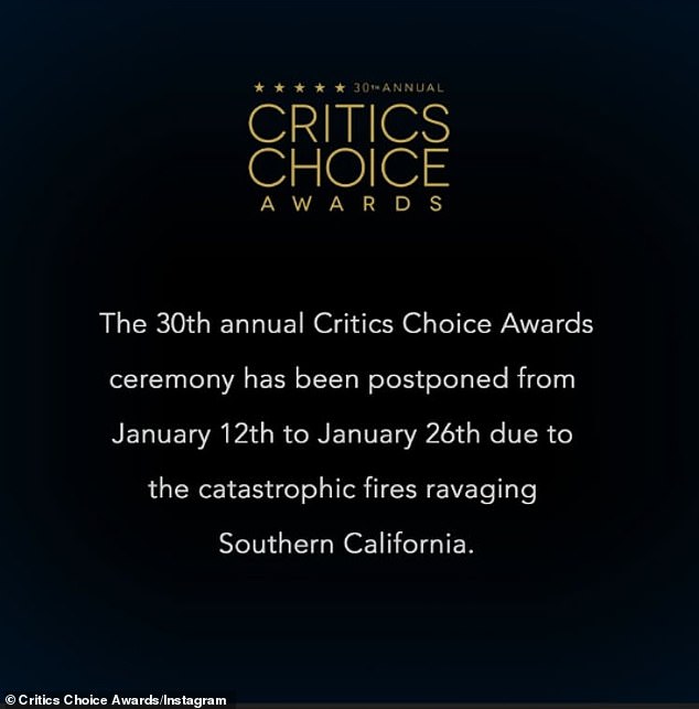 Watts was likely in the City of Angels to attend the 30th Critics' Choice Awards, which were postponed from Sunday to January 26 due to the seemingly unstoppable fire that has claimed 24 lives since Tuesday.