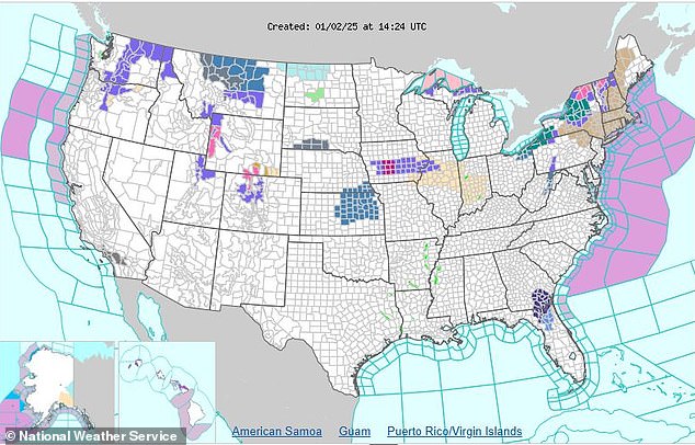 Counties in Colorado, Wyoming, New York and Vermont, highlighted in bright pink, are currently under a winter storm warning