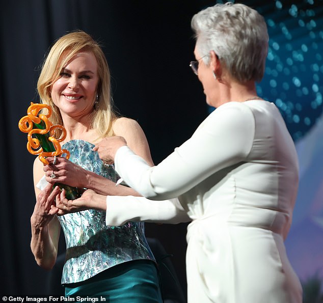 The actress, 57, gave an emotional speech as she accepted the International Star Award from Jamie Lee Curtis