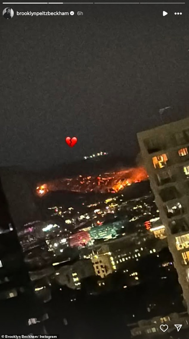 While Brooklyn Beckham shared a post with a broken heart emoji as he shared a photo of some of the fires