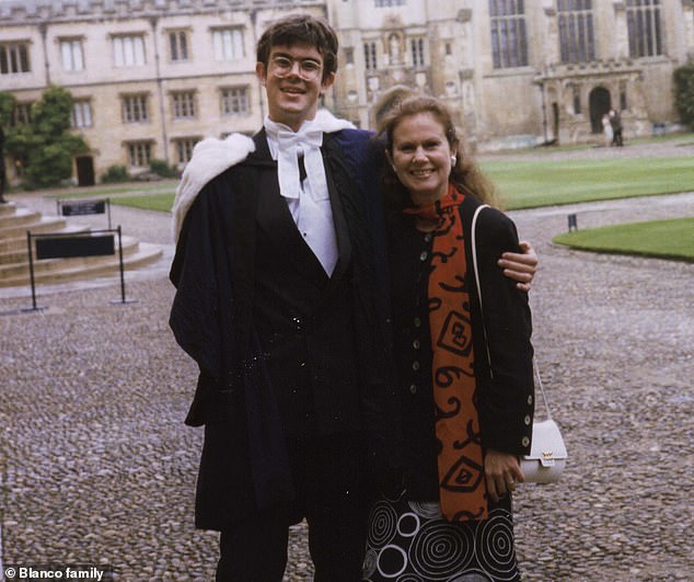 Mark Blanco is pictured with his mother Sheila on his graduation day at Cambridge in June 1997