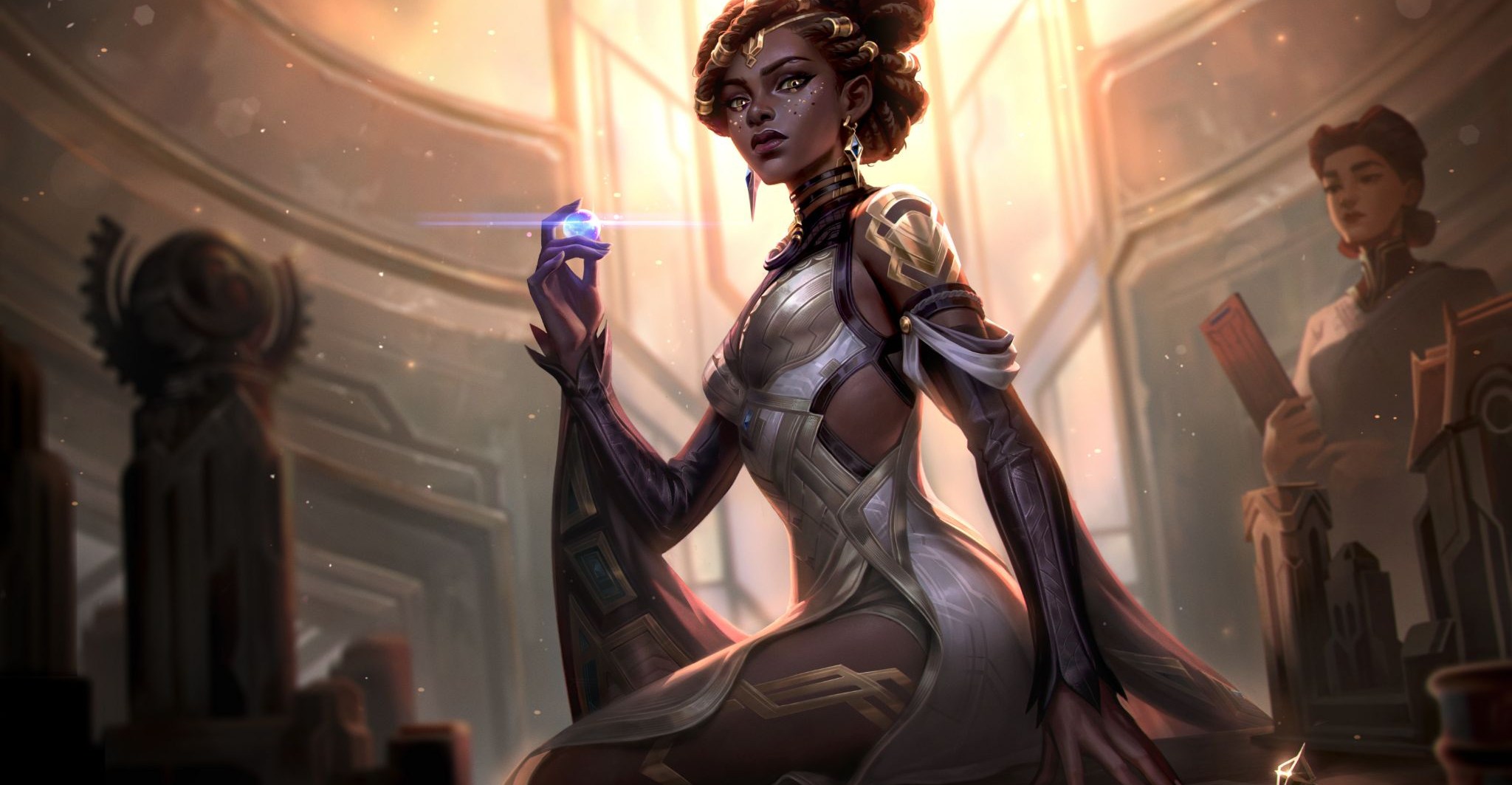 Mel from Arcane, sitting on the table in the council chamber and holding a hextech gem between her fingers. She looks thoughtfully ahead, while her secretary stands ready to take notes.