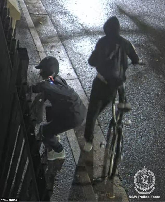 Police later released CCTV footage of two hooded men seen outside the synagogue at around 4.25am on Saturday (pictured)