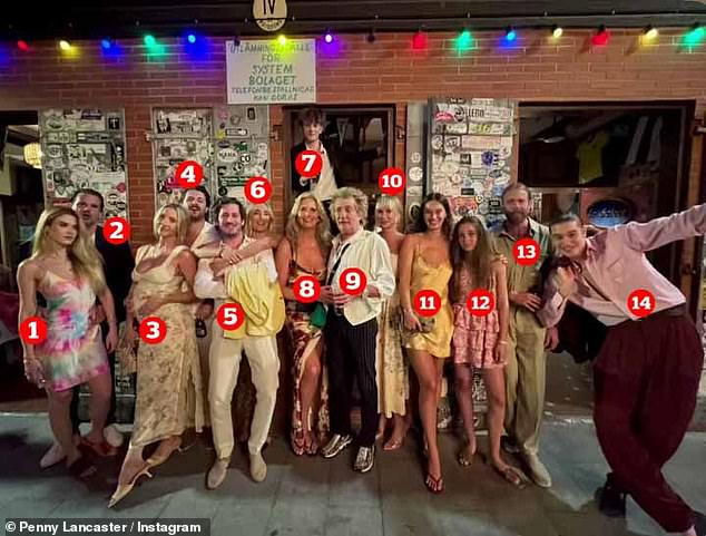 Penny, 53, shared a group photo from a night out (Photo 1: Julia Stambler; 2: Sean Stewart; 3: Nicole Artukovich; 4: Liam Stewart; 5: Jake Kalic; 6: Ruby Stewart; 7: Aiden Patrick Stewart 8: Penny, 9: Sir Rod; 11: Renee Stewart; 12: Delilah Stewart Del Toro; 14: AlastairWallace Stewart)