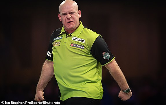 Mandatory credits: Photo by Ian Stephen/ProSports/Shutterstock (15062530cu) Michael van Gerwen (NED) reacts in his quarter-final against Callan Rydz (ENG) (not pictured) during the 2025 Paddy Power World Darts Championship on January 1, 2025 01/ 01/2025., World Darts Championships 2025 - January 1, 2025