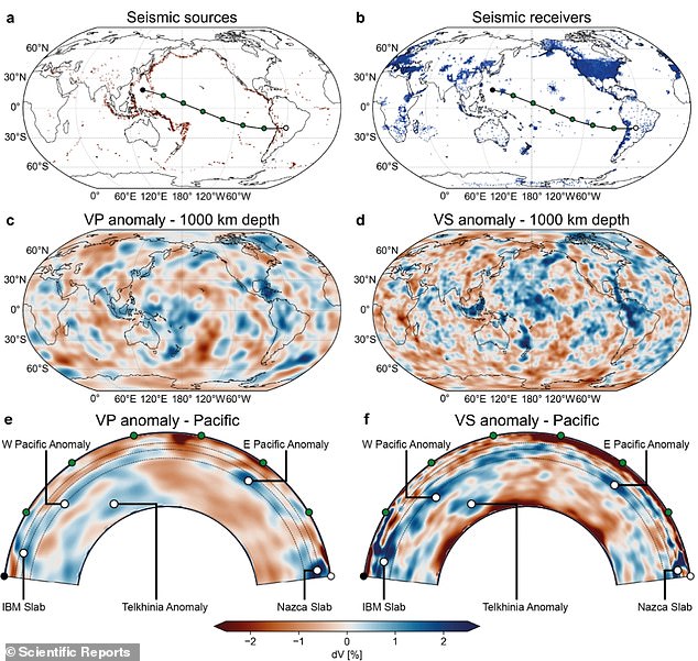 The anomalous findings, described as a 'great mystery', challenge 'our current understanding of how the Earth works'. In this image, A and B show the locations of seismic stations along the Pacific Ocean. C through F show the seismic wave anomalies in traditional map view and as a cross-section