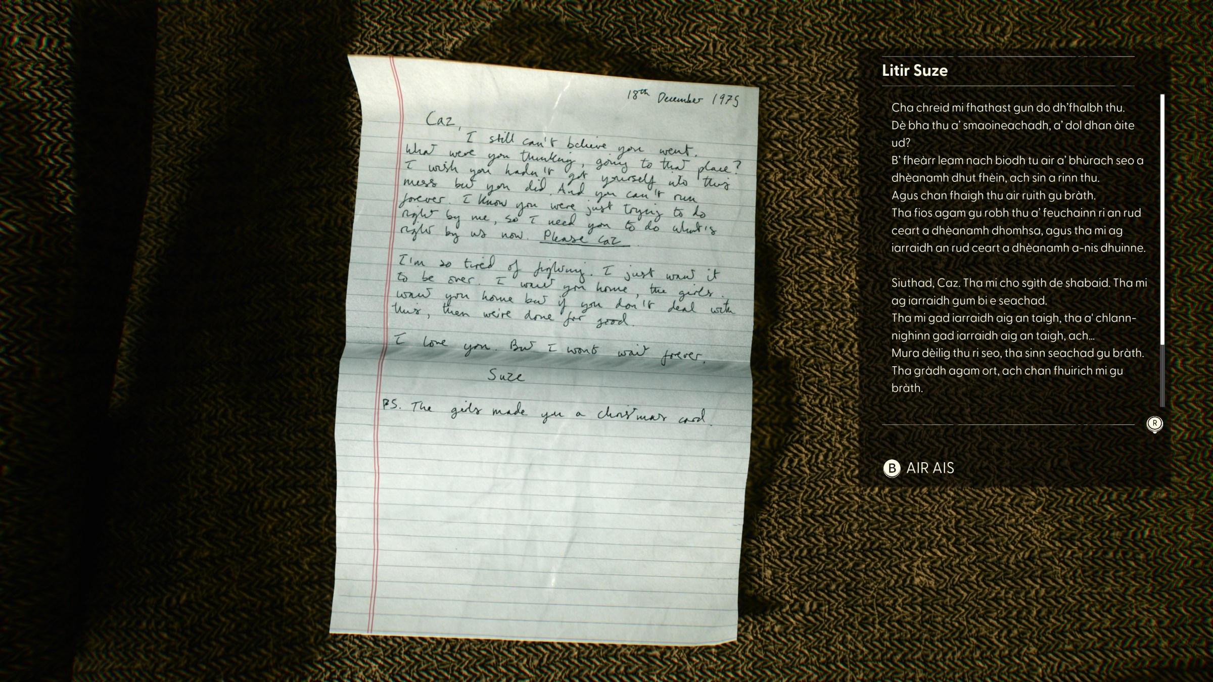 A screenshot from Still Wakes the Deep shows an English letter translated into Scottish Gaelic