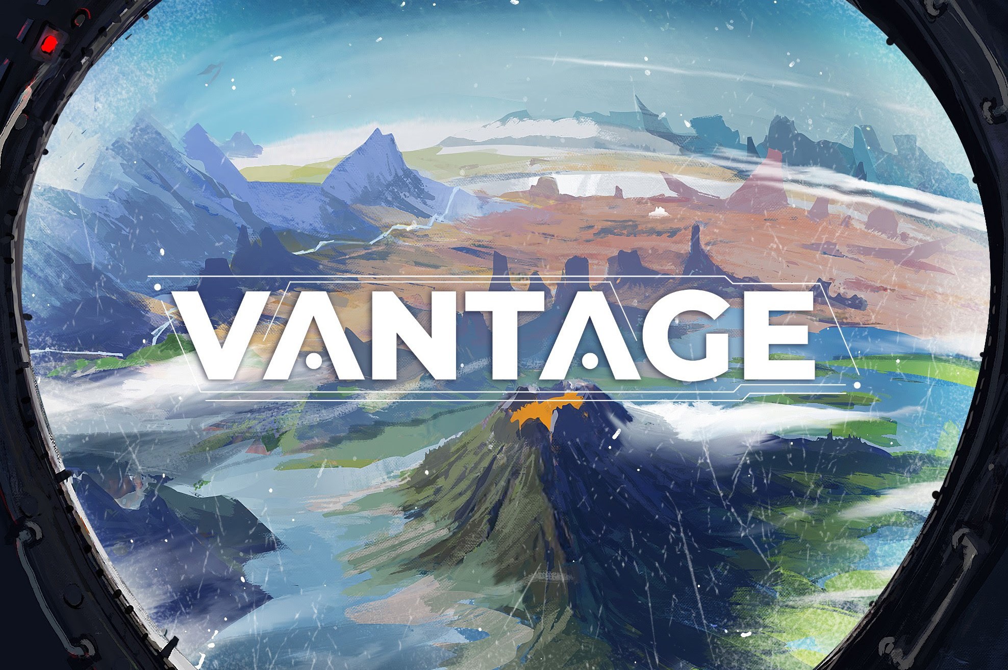 The key art for Vantage shows a view of a planet with multiple biomes, seen through the porthole of an escape capsule entering from orbit.