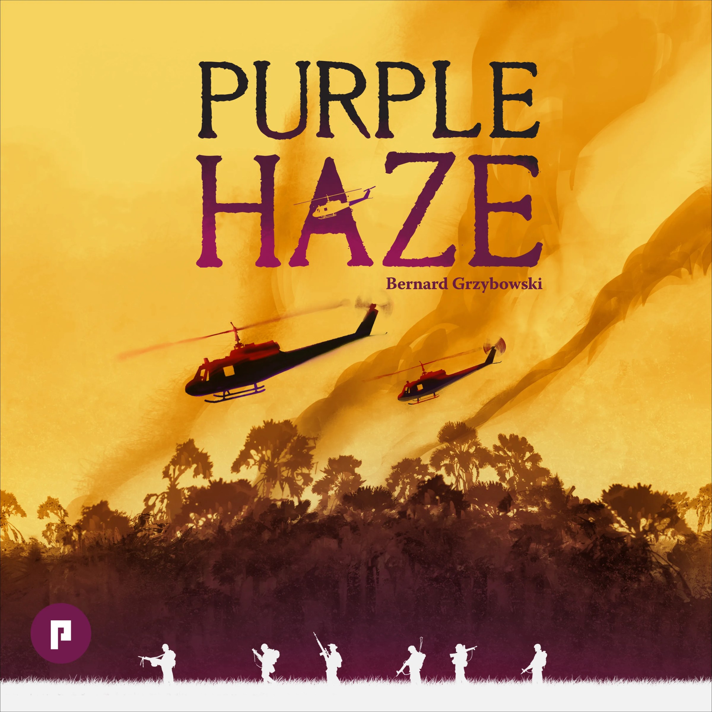 The cover for Purple Haze shows helicopters flying over the burning jungle, and six American soldiers as white silhouettes in the foreground.