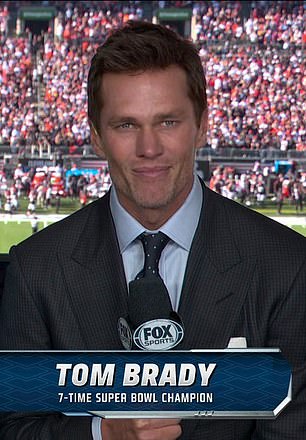 Tom Brady began his Fox analyst career on Sunday alongside Kevin Burkhardt (left).