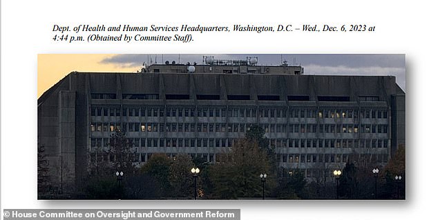 A photo from the House Oversight Committee's telework report shows the Department of Health and Human Services with most lights off before 5 p.m. Republican Chairman James Comer claims that half of the 2.2 million U.S. federal workforce regularly telecommutes