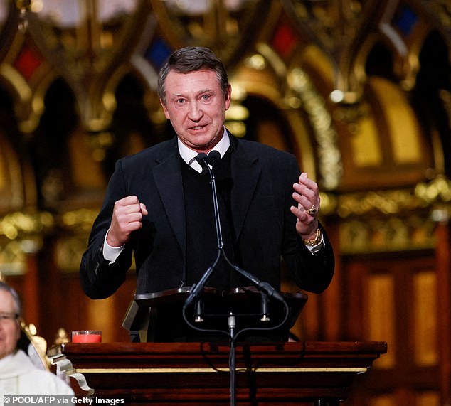 Three-time Stanley Cup champion Wayne Gretzky speaks during a state funeral for the late former Canadian Prime Minister Brian Mulroney at Notre-Dame Basilica in Montreal