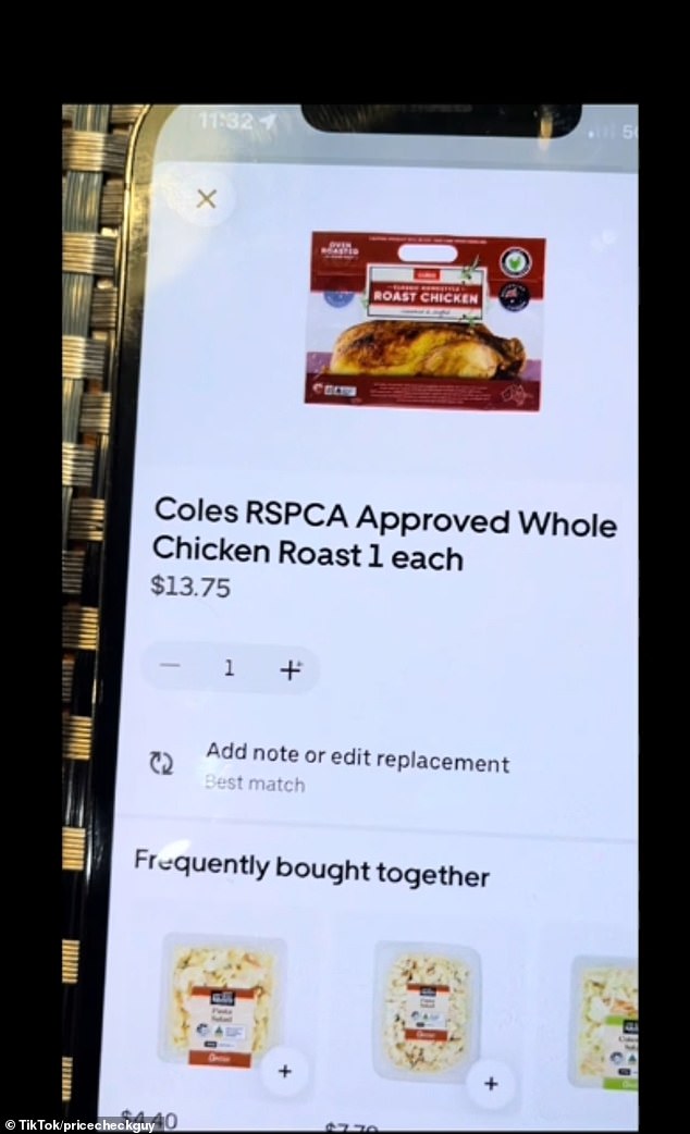 Despite ordering the same Coles brand rotisserie chicken from the same store and location, the price varied between $12.52 and $14.98 between accounts (pictured)