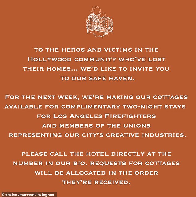 As Southern California approaches one week since the deadly and devastating wildfires broke out in the Pacific Palisades, Chateau Marmont is also joining in to support the community affected by the natural disaster