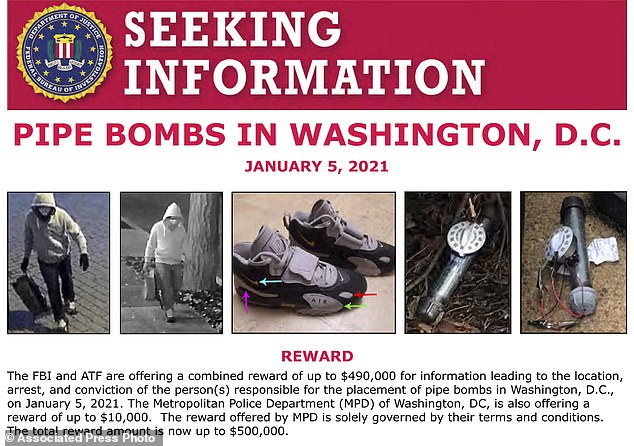 This image shows part of one "Search for information" message released by the Federal Bureau of Investigation regarding pipe bombs placed outside the offices of the Democratic and Republican National Committees in Washington on January 5, 2021, on the eve of the attack on the Capitol. (FBI via AP)