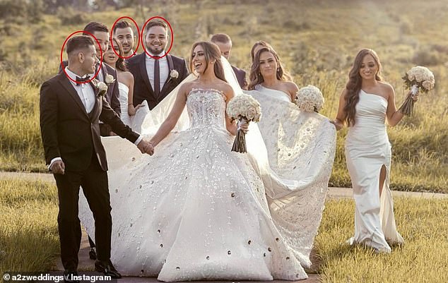 Above is Hawell's wedding celebration in April 2022, just 36 days after the rapes. Those in attendance included his fellow offending gang rapists, brother Marius (circled, center) and Andrew David (circled, back)