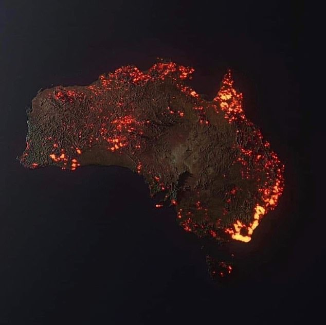 A composite made from NASA satellite images showed where wildfires ravaged the country between December 5, 2019 and January 5, 2020.