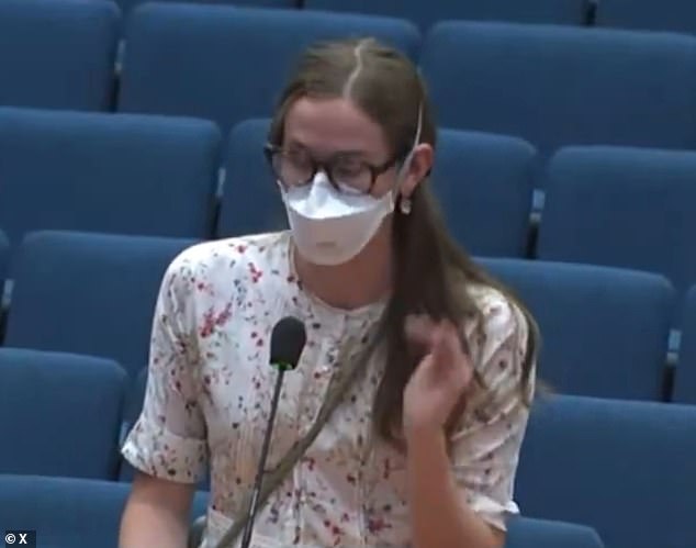 Violet called for an end to all 'mask bans' in medical facilities and government buildings during an impassioned plea to the Los Angeles County governing body in July 2024