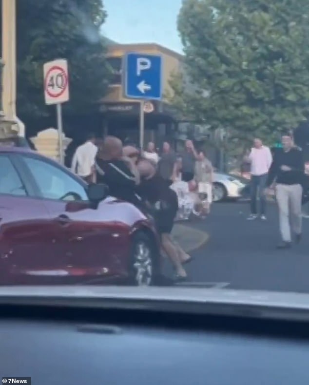 Shocked bystanders filmed the brawl from their car as the men began throwing punches at each other