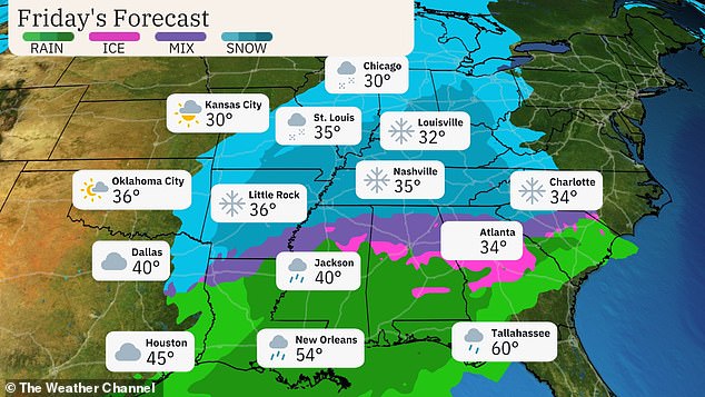 Winter precipitation should decrease in Texas and Oklahoma by Friday afternoon, but snow will spread further east into Kentucky, Tennessee, northern Mississippi, Alabama, Georgia, North Carolina and the state of South Carolina.