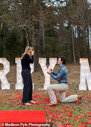 The Young Sheldon alum staged a romantic setting in a wooded area to pop the question with a large Marry Me sign and red rose petals all over the ground