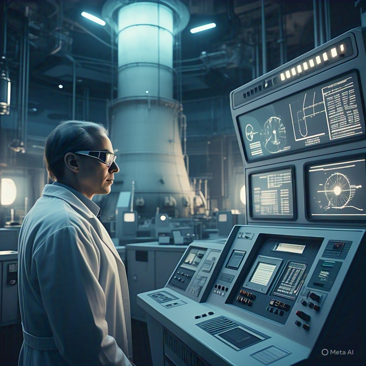 Nuclear power plant with glowing towers representing AI energy