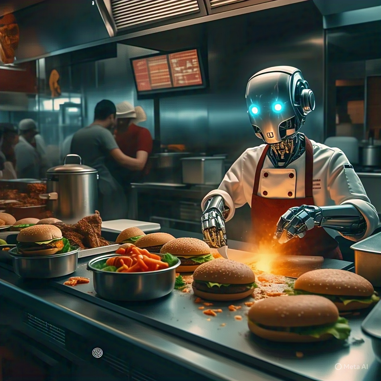 Robot chef preparing fast food in an automated kitchen