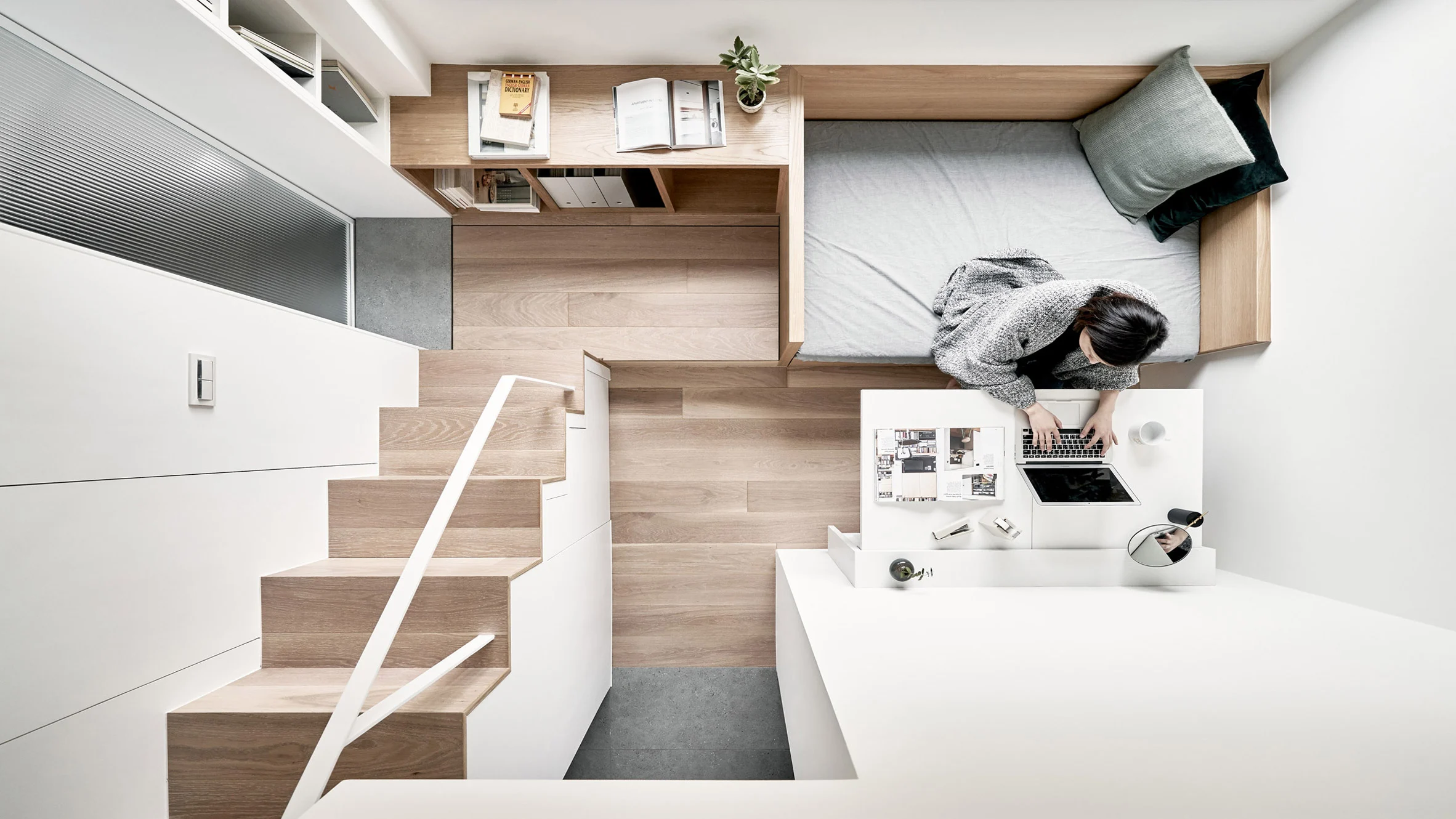 Modern micro-apartment designed for solo living with space-saving furniture