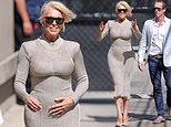 Hannah Waddingham stuns in a figure-hugging gold dress as her spine surgeon boyfriend Nicolas Beresford-Cleary proves he's a true gentleman on Jimmy Kimmel Live
