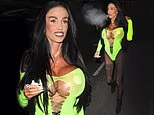 Katie Price squeezes her surgically enhanced assets into a cut-out neon leotard and flashes her wedding ring as she heads to Manchester Pride - while husband Lee Andrews 'remains in jail'