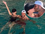 David Beckham shares rare smiling photo of swimsuit-clad wife Victoria frolicking in the sea before passionately kissing during snapshots from their European trip