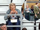 Rod Stewart, 81, eats a burger and chips as he watches his local football team with son Alastair, 20, after heart surgery